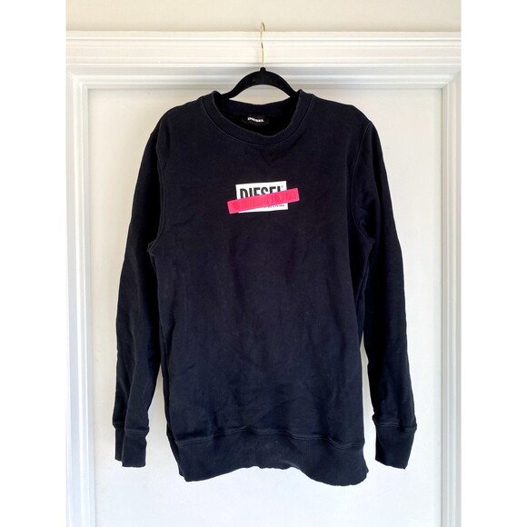 Diesel Logo Graphic Sweatshirt Mens Size Med Black Crew Neck Pullover Distressed - Picture 1 of 8